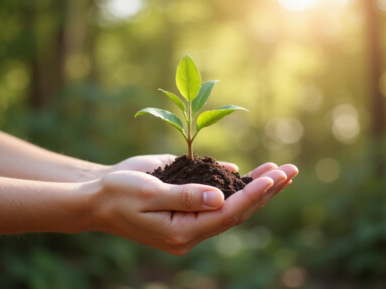 A serene image of a hand holding a small plant sprout, symbolizing growth, nature, and new beginnings, against a soft, natural background. Focus on natural light and gentle colors.