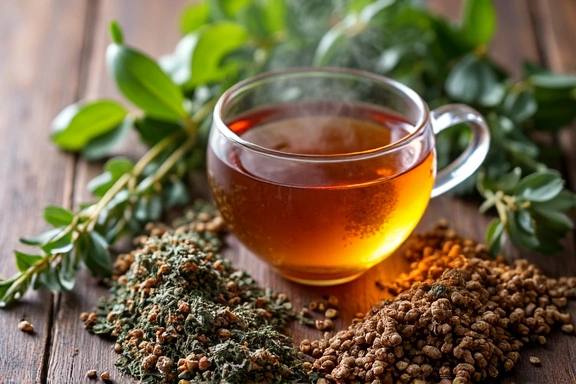 Herbal tea ingredients and a cup of tea