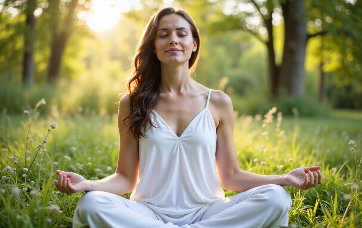 Woman meditating in a serene natural setting, symbolizing wellness journey.